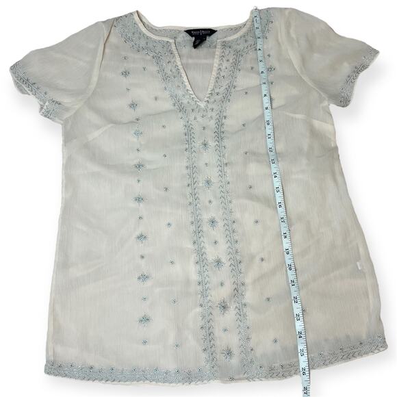 White House Black Market Sheer Embellished Blouse Beige Silver Beaded Boho Sz 4 - Picture 8 of 8